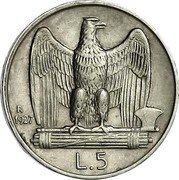 Italy 5 Lira Vittorio Emanuele III. Fert 1927 R KM# 67.1 R 1926 L.5 coin reverse Italy 5 Lira Vittorio Emanuele III. Fert 1927 R KM# 67.1 R 1926 L.5 coin reverse
