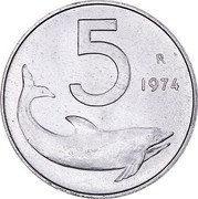 Italy 5 Lira Dolphin 1974 R KM# 92 5 R 1951 coin reverse Italy 5 Lira Dolphin 1974 R KM# 92 5 R 1951 coin reverse
