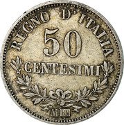 Italy 50 Centesimi Vittorio Emanuele II 1867 M BN KM# 14.1 REGNO D'ITALIA 50 CENTESIMI M BN coin reverse Italy 50 Centesimi Vittorio Emanuele II 1867 M BN KM# 14.1 REGNO D'ITALIA 50 CENTESIMI M BN coin reverse