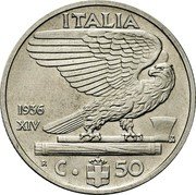 Italy 50 Centesimi Victor Emmanuel III 1936 R Yr XIV KM# 76 ITALIA 1936 XIV R C. 50 coin reverse Italy 50 Centesimi Victor Emmanuel III 1936 R Yr XIV KM# 76 ITALIA 1936 XIV R C. 50 coin reverse