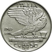 Italy 50 Centesimi Victor Emmanuel III non-magnetic 1940 R Yr XVIII KM# 76a ITALIA 1940 XVIII R C. 50 coin reverse Italy 50 Centesimi Victor Emmanuel III non-magnetic 1940 R Yr XVIII KM# 76a ITALIA 1940 XVIII R C. 50 coin reverse