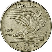Italy 50 Centesimi Vittorio Emanuele III magnetic 1939 R Yr XVIII KM# 76b ITALIA 1941 XIX R C. 50 coin reverse Italy 50 Centesimi Vittorio Emanuele III magnetic 1939 R Yr XVIII KM# 76b ITALIA 1941 XIX R C. 50 coin reverse