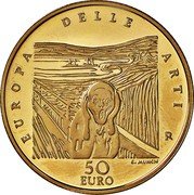 Italy 50 Euro Norway; Edvard Munch 2007 R Proof KM# 300 EUROPA DELLE ARTI R E. MUNCH 50 EURO coin reverse Italy 50 Euro Norway; Edvard Munch 2007 R Proof KM# 300 EUROPA DELLE ARTI R E. MUNCH 50 EURO coin reverse