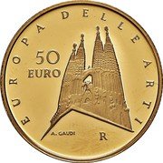 Italy 50 Euro Arts in Europe - Sagrada Familia 2009 R Proof KM# 322 EUROPA DELLE ARTI 50 EURO A. GAUDI R coin reverse Italy 50 Euro Arts in Europe - Sagrada Familia 2009 R Proof KM# 322 EUROPA DELLE ARTI 50 EURO A. GAUDI R coin reverse