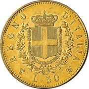 Italy 50 Lira Vittorio Emanuele II 1864 T BN KM# 18 REGNO D'ITALIA T L. 50 BN coin reverse Italy 50 Lira Vittorio Emanuele II 1864 T BN KM# 18 REGNO D'ITALIA T L. 50 BN coin reverse