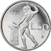 Italy 50 Lira Roman gods. Vulcan 1991 R Proof KM# 95.2 1994 L.50 R coin reverse Italy 50 Lira Roman gods. Vulcan 1991 R Proof KM# 95.2 1994 L.50 R coin reverse