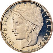 Italy 50 Lire Turreted Italia 2001 R Proof KM# 183 REPVBBLICA ITALIANA L CRETARA coin obverse Italy 50 Lire Turreted Italia 2001 R Proof KM# 183 REPVBBLICA ITALIANA L CRETARA coin obverse