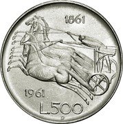 Italy 500 Lire Unification Centennial 1961 R KM# 99 1861 1961 L.500 R coin reverse Italy 500 Lire Unification Centennial 1961 R KM# 99 1861 1961 L.500 R coin reverse