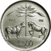 Italy 500 Lira Death of Virgil 1981 R KM# 110 19 A.C. 1981 L. 500 R coin reverse Italy 500 Lira Death of Virgil 1981 R KM# 110 19 A.C. 1981 L. 500 R coin reverse