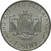 Italy 500 Lira European year of Music 1985 R KM# 117 ANNO EUROPEO DELLA MUSICA 1985 R L 500 coin reverse Italy 500 Lira European year of Music 1985 R KM# 117 ANNO EUROPEO DELLA MUSICA 1985 R L 500 coin reverse