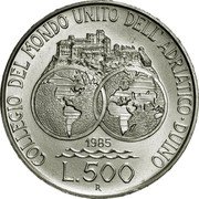 Italy 500 Lira Duino Academy 1985 R KM# 116 COLLEGIO DEL MONDO UNITO DELL' ADRIATICO DUINO 1985 L 500 R coin reverse Italy 500 Lira Duino Academy 1985 R KM# 116 COLLEGIO DEL MONDO UNITO DELL' ADRIATICO DUINO 1985 L 500 R coin reverse