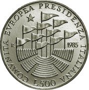 Italy 500 Lira Italian Presidency of the European Community 1985 R KM# 115 COMVNITA' EUROPEA PRESIDENZA ITALIANA R 1985 L. 500 coin reverse Italy 500 Lira Italian Presidency of the European Community 1985 R KM# 115 COMVNITA' EUROPEA PRESIDENZA ITALIANA R 1985 L. 500 coin reverse