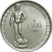 Italy 500 Lira Donatello 1986 R KM# 124 DONATELLO VI CENTENARIO DELLA NASCITA R L 500 1986 L.CRETARA coin reverse