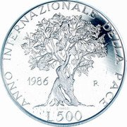 Italy 500 Lira International Year of Peace 1986 R Proof KM# 120 ANNO INTERNAZIONALE DELLA PACE 1986 R S. GROSSI L 500 coin reverse