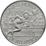 Italy 500 Lira World Athletic Championships 1987 R KM# 122 CAMPIONATI MONDIALI DI ATLETICA A. VALENTINI L 500 1987 R coin reverse