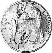 Italy 500 Lira San Giovanni Bosco 1988 R KM# 144 STUDIO E LAVORO 1988 R L500 coin reverse