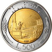 Italy 500 Lira Piazza del Quirinale 1989 R KM# 111 R 1987 L.500 coin reverse Italy 500 Lira Piazza del Quirinale 1989 R KM# 111 R 1987 L.500 coin reverse