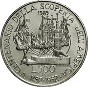 Italy 500 Lira Colombo - The departure 1989 R KM# 139 V CENTENARIO DELLA SCOPERTA DELL' AMERICA 1492-1992 1989 U.PERNAZZA L.500 R coin reverse