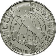 Italy 500 Lira 1990 World Cup 1989 R KM# 134 1989 R L 500 MONDIALI DI CALCIO 1990 coin reverse