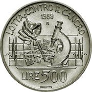Italy 500 Lira Fight against Cancer 1989 R KM# 131 LOTTA CONTRO IL CANCRO 1989 R LIRE 500 DRIUTTI coin reverse