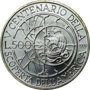 Italy 500 Lira Christophe Colomb 1990 R KM# 140 V CENTENARIO DELLA SCOPERTA DELL AMERICA L.500 1990 R coin reverse Italy 500 Lira Christophe Colomb 1990 R KM# 140 V CENTENARIO DELLA SCOPERTA DELL AMERICA L.500 1990 R coin reverse