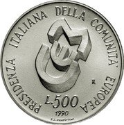 Italy 500 Lira Italian Presidency of the E.E.C. Council 1990 R KM# 137 PRESIDENZA ITALIANA DELLA COMUNITA' EUROPEA R L.500 1990 E.L.FRAPICCINI coin reverse Italy 500 Lira Italian Presidency of the E.E.C. Council 1990 R KM# 137 PRESIDENZA ITALIANA DELLA COMUNITA' EUROPEA R L.500 1990 E.L.FRAPICCINI coin reverse