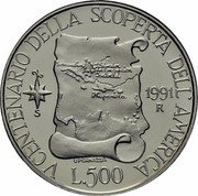 Italy 500 Lira Colombo - The maps 1991 R KM# 148 V CENTENARIO SCOPERTA DELL'AMERICA 1991 R U. PERNAZZA L.500 coin reverse