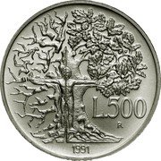 Italy 500 Lira Flora and Fauna 1991 R KM# 143 L.500 R 1991 coin reverse