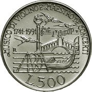 Italy 500 Lira Antonio Vivaldi 1991 R KM# 141 MUSICO DI VIOLINO E MAESTRO DI CONCERTI 1741 - 1991 R L.500 coin reverse