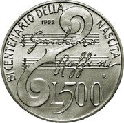 Italy 500 Lira Gioacchino Rossini 1992 R KM# 152 BICENTENARIO DELLA NASCITA GIOACCHINO ROSSINI L 500 1992 R coin reverse