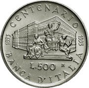 Italy 500 Lira Centenary of the Bank of Italy 1993 R KM# 173 CENTENARIO BANCA D'ITALIA 1893-1993 L. 500 R coin reverse Italy 500 Lira Centenary of the Bank of Italy 1993 R KM# 173 CENTENARIO BANCA D'ITALIA 1893-1993 L. 500 R coin reverse