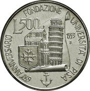 Italy 500 Lira 650th Anniversary - University of Pisa 1993 R KM# 158 FONDAZIONE UNIVERSITÁ DI PISA 650 ANNIVERSARIO L.500 1993 R coin reverse Italy 500 Lira 650th Anniversary - University of Pisa 1993 R KM# 158 FONDAZIONE UNIVERSITÁ DI PISA 650 ANNIVERSARIO L.500 1993 R coin reverse