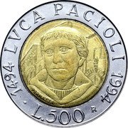 Italy 500 Lira 500th Anniversary of the Birth of Luca Pacioli 1994 R KM# 167 LVCA PACIOLI 1494 1994 L.500 PERNAZZA coin reverse Italy 500 Lira 500th Anniversary of the Birth of Luca Pacioli 1994 R KM# 167 LVCA PACIOLI 1494 1994 L.500 PERNAZZA coin reverse