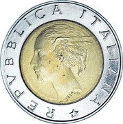 Italy 500 Lira 50th Anniversary of the Traffic Police 1997 R KM# 187 REPVBBLICA ITALIANA CRETARA coin obverse Italy 500 Lira 50th Anniversary of the Traffic Police 1997 R KM# 187 REPVBBLICA ITALIANA CRETARA coin obverse