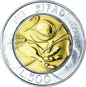 Italy 500 Lira 20th Anniversary of the International Fund for Agricultural Development 1998 R Proof KM# 193 IFAD 1978 1998 20 L. DE SIMONI L.500 R coin reverse Italy 500 Lira 20th Anniversary of the International Fund for Agricultural Development 1998 R Proof KM# 193 IFAD 1978 1998 20 L. DE SIMONI L.500 R coin reverse