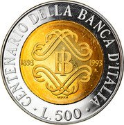 Italy 500 Lira Bank of Italy Centennial 1993 R Proof KM# 160 CENTENARIO DELLA BANCA D'ITALIA 1893 1993 R GROSSI L.500 coin reverse Italy 500 Lira Bank of Italy Centennial 1993 R Proof KM# 160 CENTENARIO DELLA BANCA D'ITALIA 1893 1993 R GROSSI L.500 coin reverse
