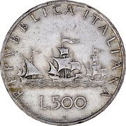 Italy 500 Lira Columbus' Ships 1965 R KM# 98 GIAMPAOLI coin reverse Italy 500 Lira Columbus' Ships 1965 R KM# 98 GIAMPAOLI coin reverse