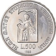Italy 500 Lira University of Bologna 1988 R KM# 129 ALMA MATER STUDIORUM SAECULARIA NONA R L.500 1988 coin reverse