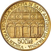Italy 50000 Lira 800th Anniversary of the Birth of St. Anthony of Padova 1995 R Proof KM# 223 VIII CENTENARIO DELLA NASCITA DI SANT'ANTONIO DA PADOVA 1995 50 MILA LIRE R coin reverse Italy 50000 Lira 800th Anniversary of the Birth of St. Anthony of Padova 1995 R Proof KM# 223 VIII CENTENARIO DELLA NASCITA DI SANT'ANTONIO DA PADOVA 1995 50 MILA LIRE R coin reverse