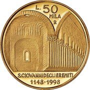 Italy 50000 Lira 850th Anniversary of the Construction of the Church of San Giovanni degli Eremiti in Palermo 1998 R Proof KM# 228 L. 50 MILA LIRE R S. GIOVANNI DEGLI EREMITI 1148-1998 coin reverse Italy 50000 Lira 850th Anniversary of the Construction of the Church of San Giovanni degli Eremiti in Palermo 1998 R Proof KM# 228 L. 50 MILA LIRE R S. GIOVANNI DEGLI EREMITI 1148-1998 coin reverse