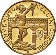 Italy 50000 Lira 500th Anniversary of the Birth of Benvenuto Cellini 2000 R Proof KM# 232 BENVENUTO CELLINI 50 MILA LIRE 1500 2000 R coin reverse Italy 50000 Lira 500th Anniversary of the Birth of Benvenuto Cellini 2000 R Proof KM# 232 BENVENUTO CELLINI 50 MILA LIRE 1500 2000 R coin reverse