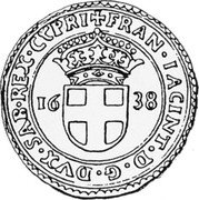 Italy Doppia 1638 KM# 8 Vercelli/ Siege Coinage FRAN IACINT D G DVX SAB REX CYPRI 16 38 coin obverse Italy Doppia 1638 KM# 8 Vercelli/ Siege Coinage FRAN IACINT D G DVX SAB REX CYPRI 16 38 coin obverse