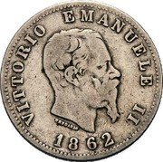 Italy Lira Vittorio Emanuele II 1862 N KM# 5.2 VITTORIO EMANUELE II FERRARIS 1862 coin obverse