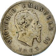 Italy Lira Vittorio Emanuele II 1863 T BN KM# 5a.2 VITTORIO EMANUELE II FERRARIS 1863 coin obverse Italy Lira Vittorio Emanuele II 1863 T BN KM# 5a.2 VITTORIO EMANUELE II FERRARIS 1863 coin obverse