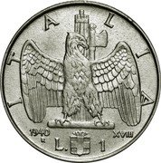 Italy Lira Vittorio Emanuele III non-magnetic 1940 R Yr XVIII KM# 77a ITALIA 1940 XVIII R L. 1 coin reverse Italy Lira Vittorio Emanuele III non-magnetic 1940 R Yr XVIII KM# 77a ITALIA 1940 XVIII R L. 1 coin reverse