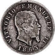 Italy Lira Vittorio Emanuele II 1863 M BN KM# 5a.1 VITTORIO EMANUELE II FERRARIS 1863 coin obverse Italy Lira Vittorio Emanuele II 1863 M BN KM# 5a.1 VITTORIO EMANUELE II FERRARIS 1863 coin obverse