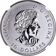 Canada 10 Dollars 150 years Maple Leaves 2017 Specimen ELIZABETH II D ∙ G ∙ REGINA 10 DOLLARS coin obverse Canada 10 Dollars 150 years Maple Leaves 2017 Specimen ELIZABETH II D ∙ G ∙ REGINA 10 DOLLARS coin obverse