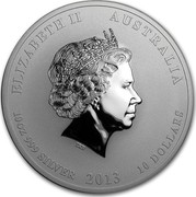Australia 10 Dollars Year of the Snake 2013 KM# 2098 ELIZABETH II AUSTRALIA 10 OZ 999 SILVER 2013 10 DOLLARS IRB coin obverse Australia 10 Dollars Year of the Snake 2013 KM# 2098 ELIZABETH II AUSTRALIA 10 OZ 999 SILVER 2013 10 DOLLARS IRB coin obverse