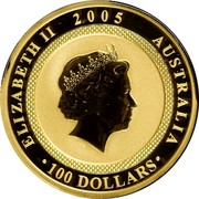 Australia 100 Dollars 60th Anniversary of the End of WWII 2005 KM# 797 ELIZABETH II 2005 AUSTRALIA 100 DOLLARS IRB coin obverse Australia 100 Dollars 60th Anniversary of the End of WWII 2005 KM# 797 ELIZABETH II 2005 AUSTRALIA 100 DOLLARS IRB coin obverse