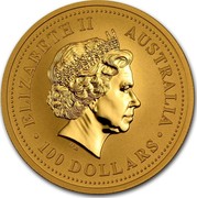 Australia 100 Dollars Lunar Rabbit 1999 KM# 428 ELIZABETH II AUSTRALIA 100 DOLLARS IRB coin obverse Australia 100 Dollars Lunar Rabbit 1999 KM# 428 ELIZABETH II AUSTRALIA 100 DOLLARS IRB coin obverse